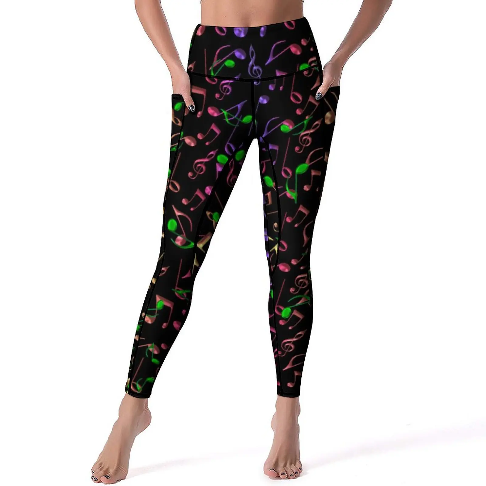 

Rainbow Music Notes Leggings Sexy Psychedelic Neon Gym Yoga Pants Push Up Stretchy Sport Legging Pockets Retro Design Leggins