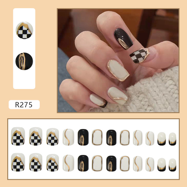 Checkerboard Fake Nails Press on False with Designs Set Fashion Save Time Wearable Manicure Patch False Nails With Glue