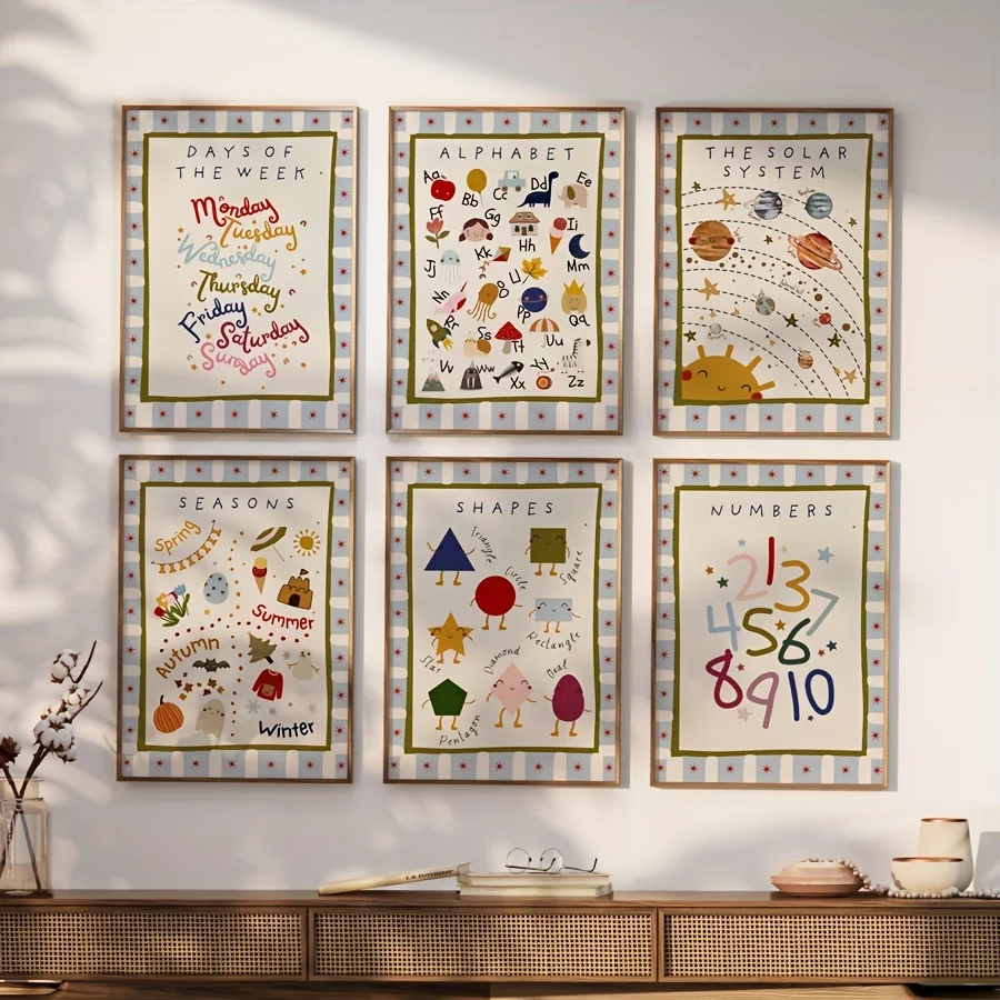 6PCS Sheets/set A Mix of Educational Printed Materials, Bohemian-style Playroom Wall Art, Frameless Letter Posters - 4