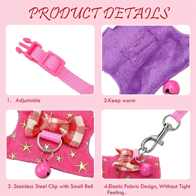 1Pc Hamster Harness And Leash Walking Set, Small Pet Clothes With Bow Bells, Safe And Comfortable Padded Vest, Hamster 4