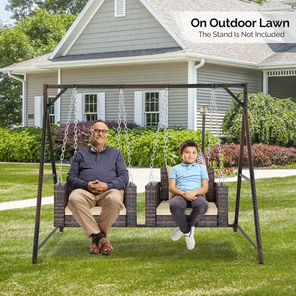 2.2 FT 1-Person Use Rattan Porch Swing Outdoor Support 440 LBS with Cushions & Adjustable Chains, Patio Wicker Swing Bench Chair 6