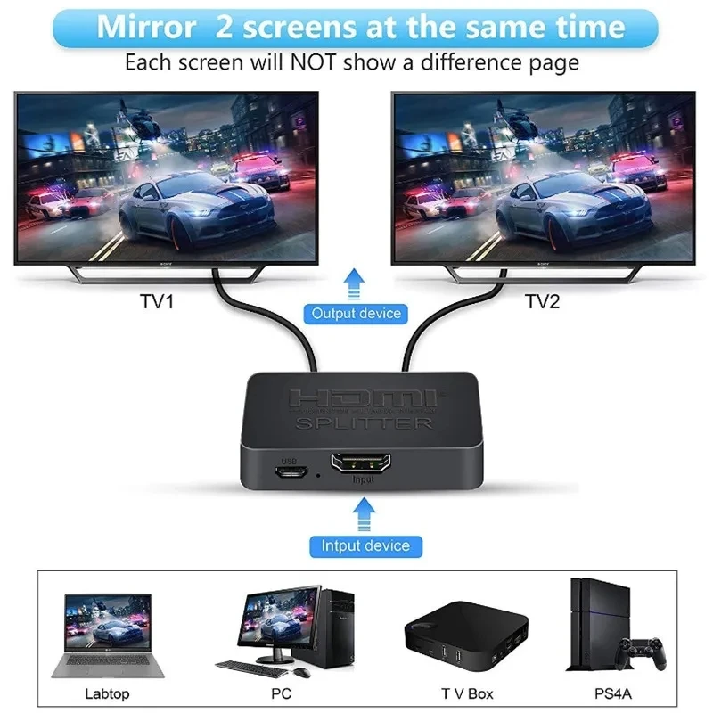 HDMI Splitter Switch 4K 1x2 HDMI Video Distributor 1 in 2 out Amplifier 1080P Dual Display For PS3 PC Laptop Monitor Projector