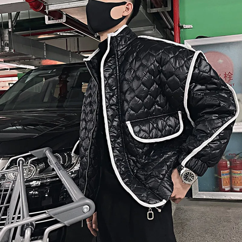 Winter Society Boy Lingge Short Parkas Men Loose Warm Pressed Cotton Padded Jacket White Edge Argyle Big Pocket Streetwear Coats