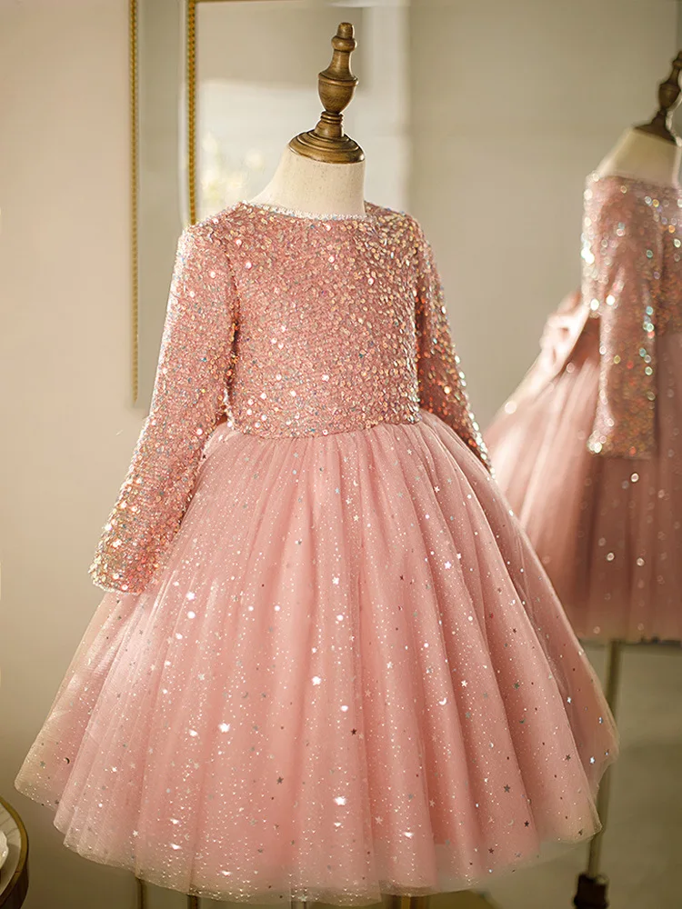 Sequin Flower Girl Dress For Wedding Princess Shining Pink Tulle Puffy With Bow Cute Kids Baby Birthday Party Dress Ball Gown