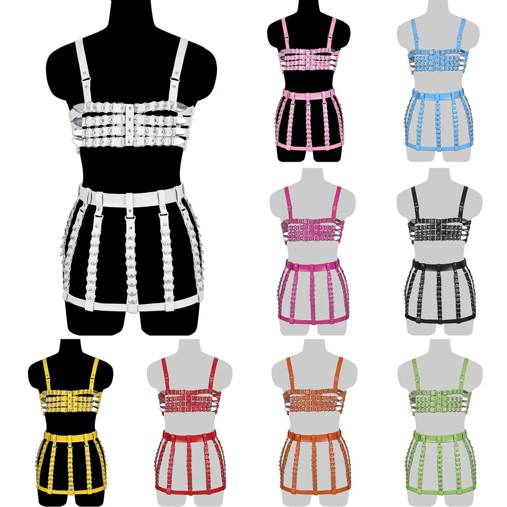

2PC Women Leather Harness Set Fashion Body Belts Skirt Punk Goth Garters Bondage Suspender Harness Sexy Fetish Leather Lingerie