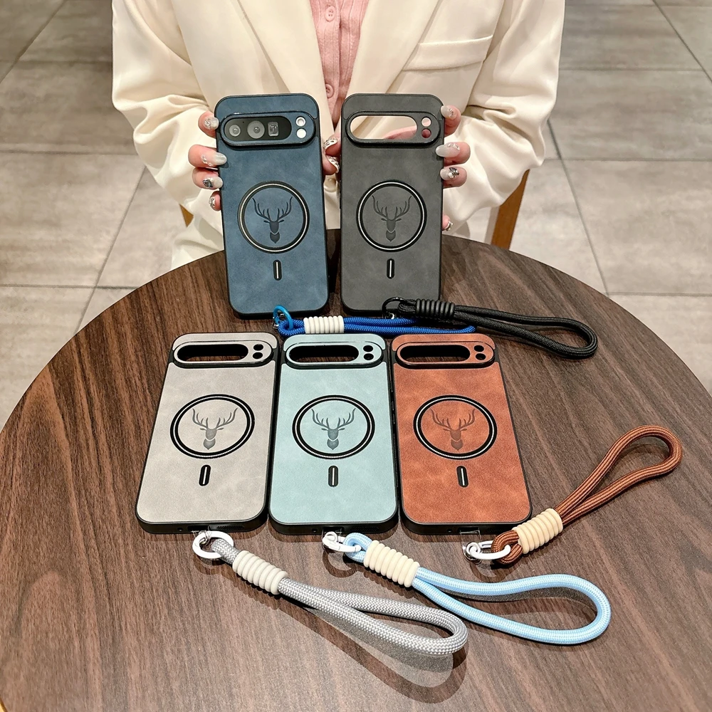 Cartoon Deer Leather Case with Wristband and Wireless Charger Cover