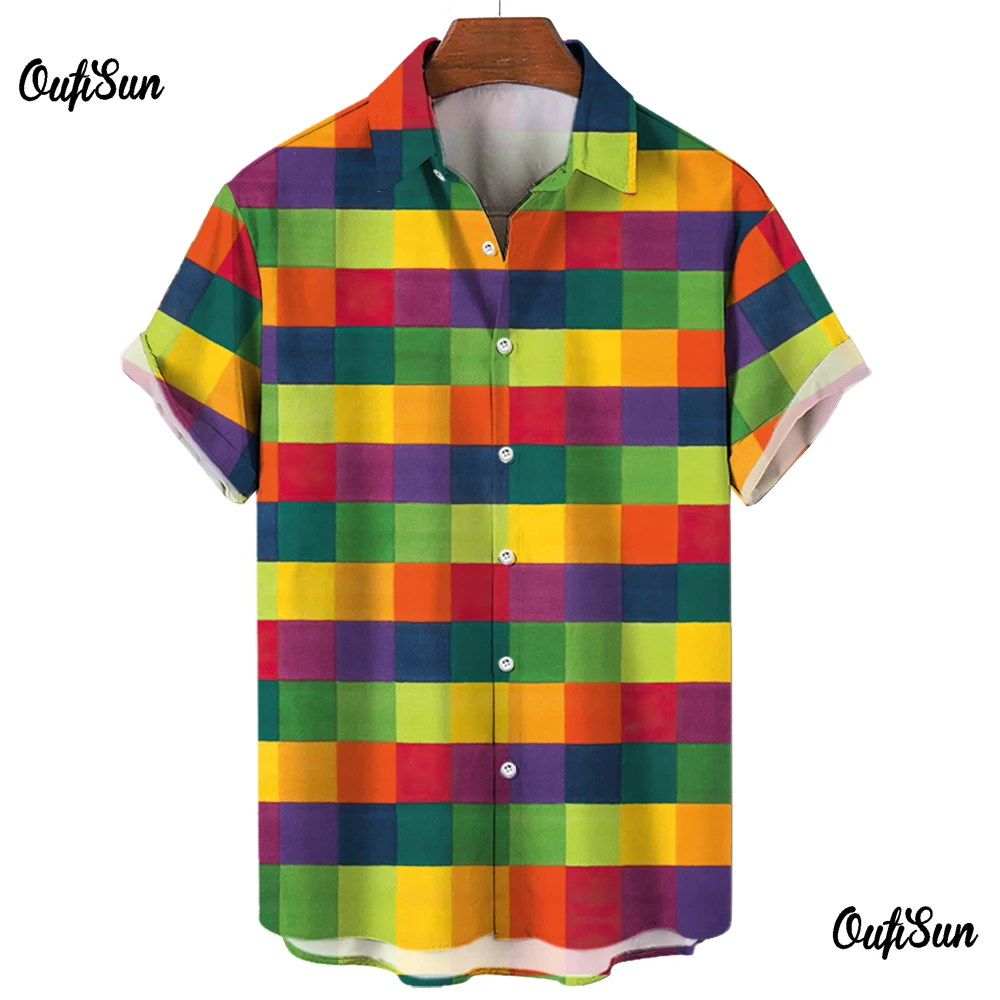 Plaid Shirt For Men Vintage Short Sleeved Shirt Couple Blouse Colorful Printed Casual Men Clothing Oversized Streetwear