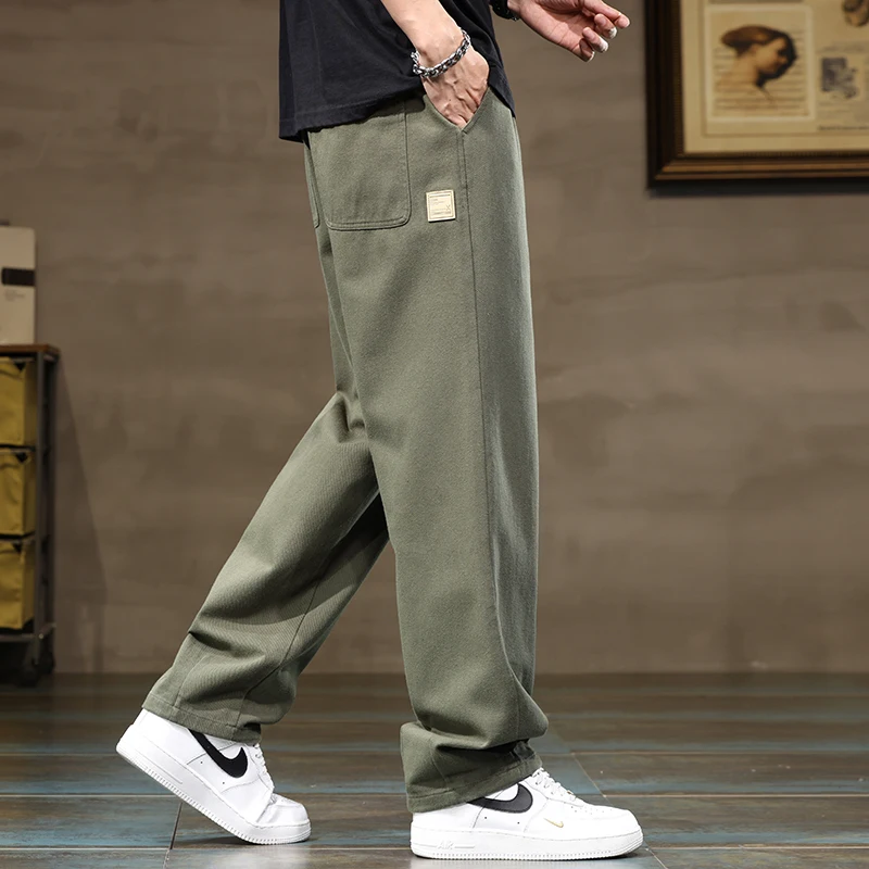 100% Cotton Men's Loose Wide Leg Pants Elastic Waist Fashion ArmyGreen Khaki Korean Streetwear Autumn Straight Trousers 2