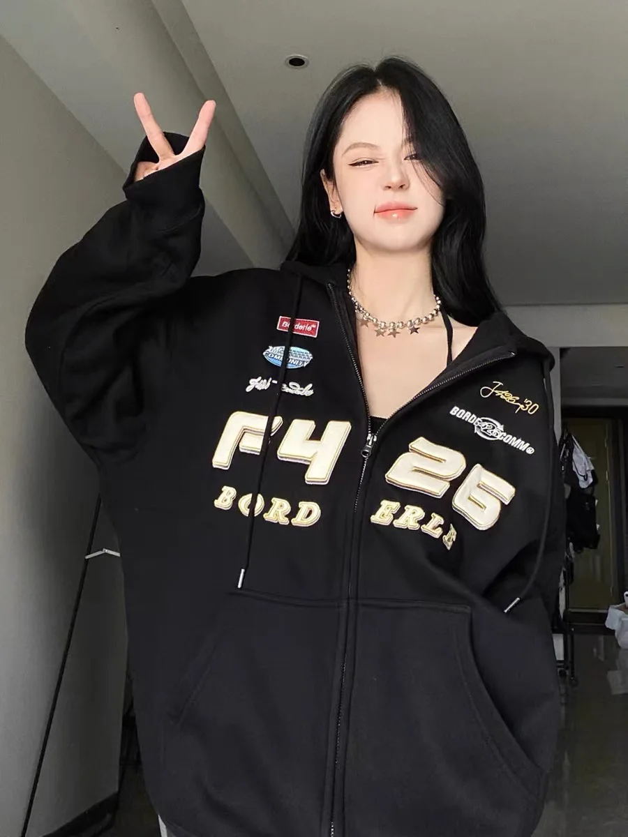 

Deeptown Vintage Oversize Black Hoodies Woemn Streetwear Harajuku Zip Up Hooded Sweatshirts Racer Jacket Casual Y2k Hip Hop Tops