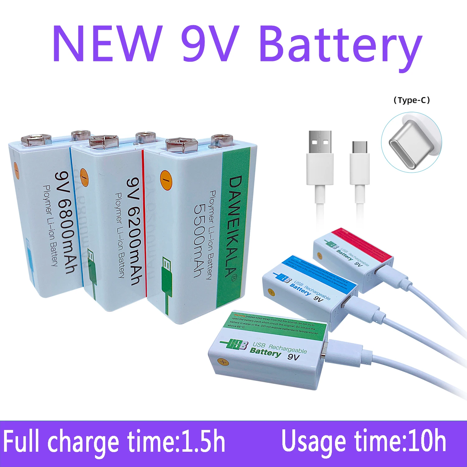 100 Orignal 9V battery 9V liion Rechargeable battery Micro USB