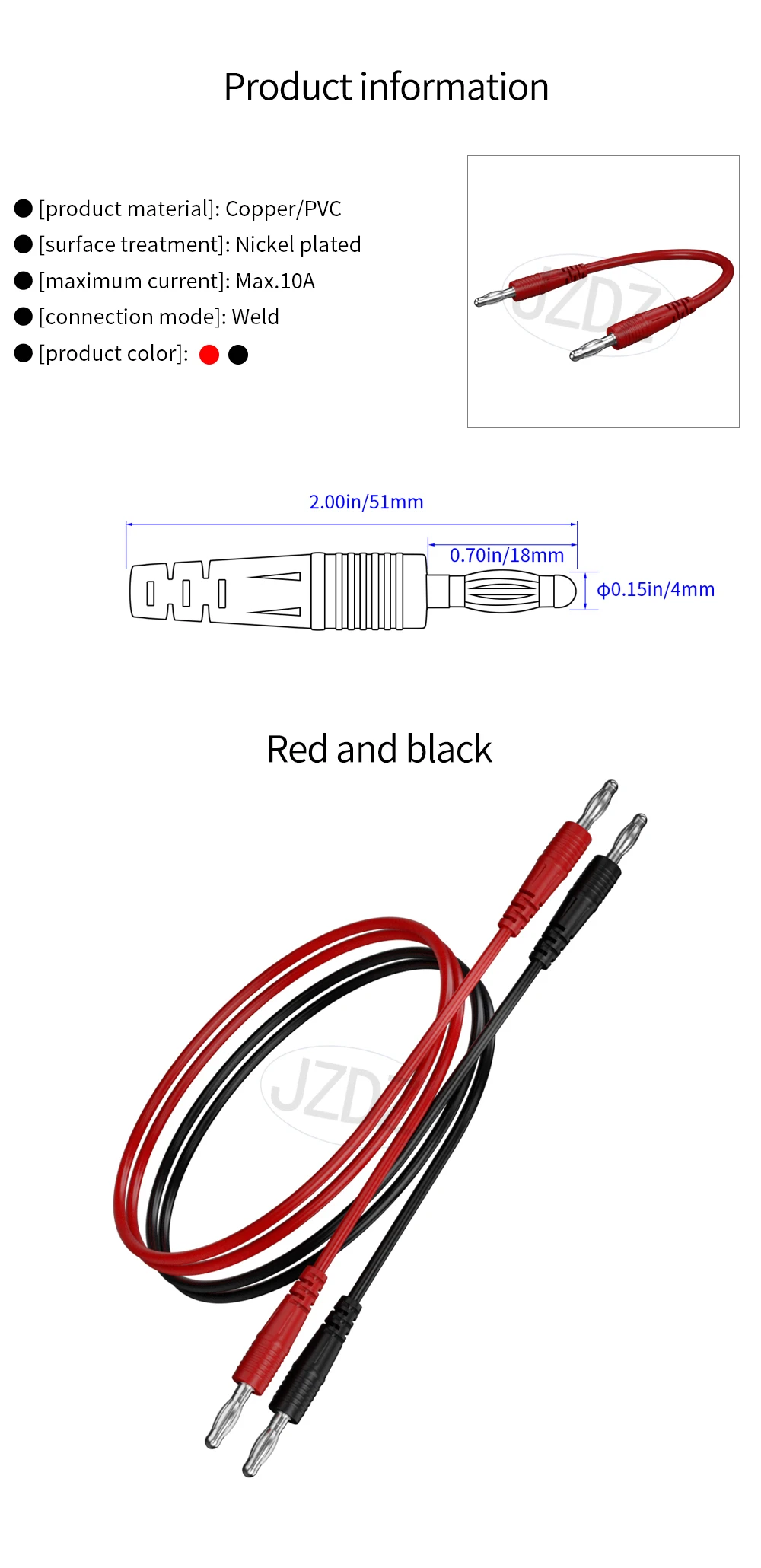 JZDZ 2 Stück Multimeter-Testleitungen Kabel 100 cm Doppelende 4mm Bananenstecker Elektrischer Anschluss DIY-Werkzeuge J.70055 – Detail 1