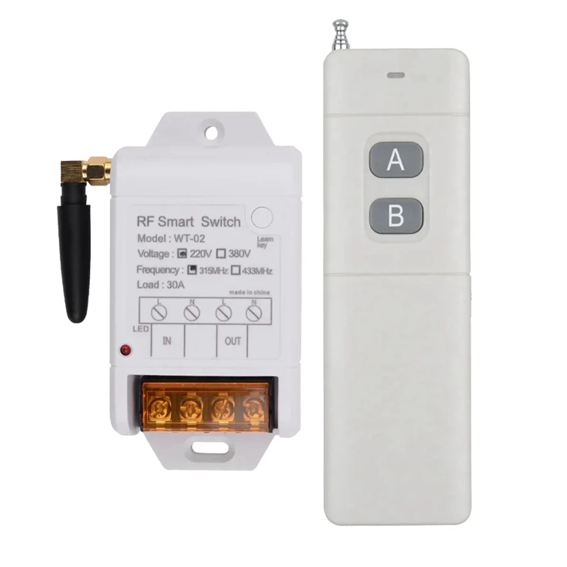 

WT-02 AC 220V 1CH 30A Relay Wireless Remote Control Switch 433Mhz Receiver + 3000M Transmitter White For Water Pump LED Light