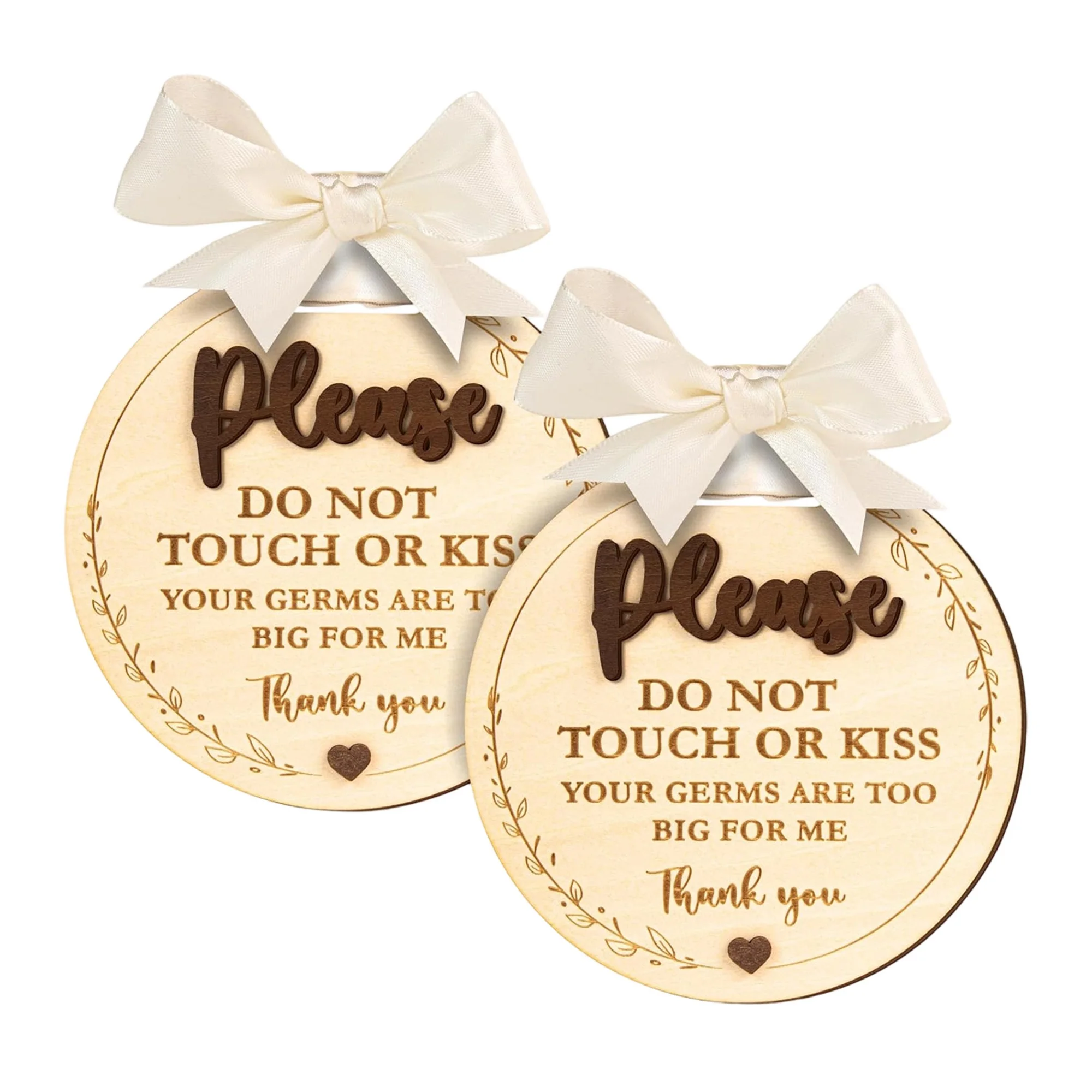 Wooden Baby Car Seat Sign with Bow and Do Not Touch or Kiss Warning for Infant Safety and Protection