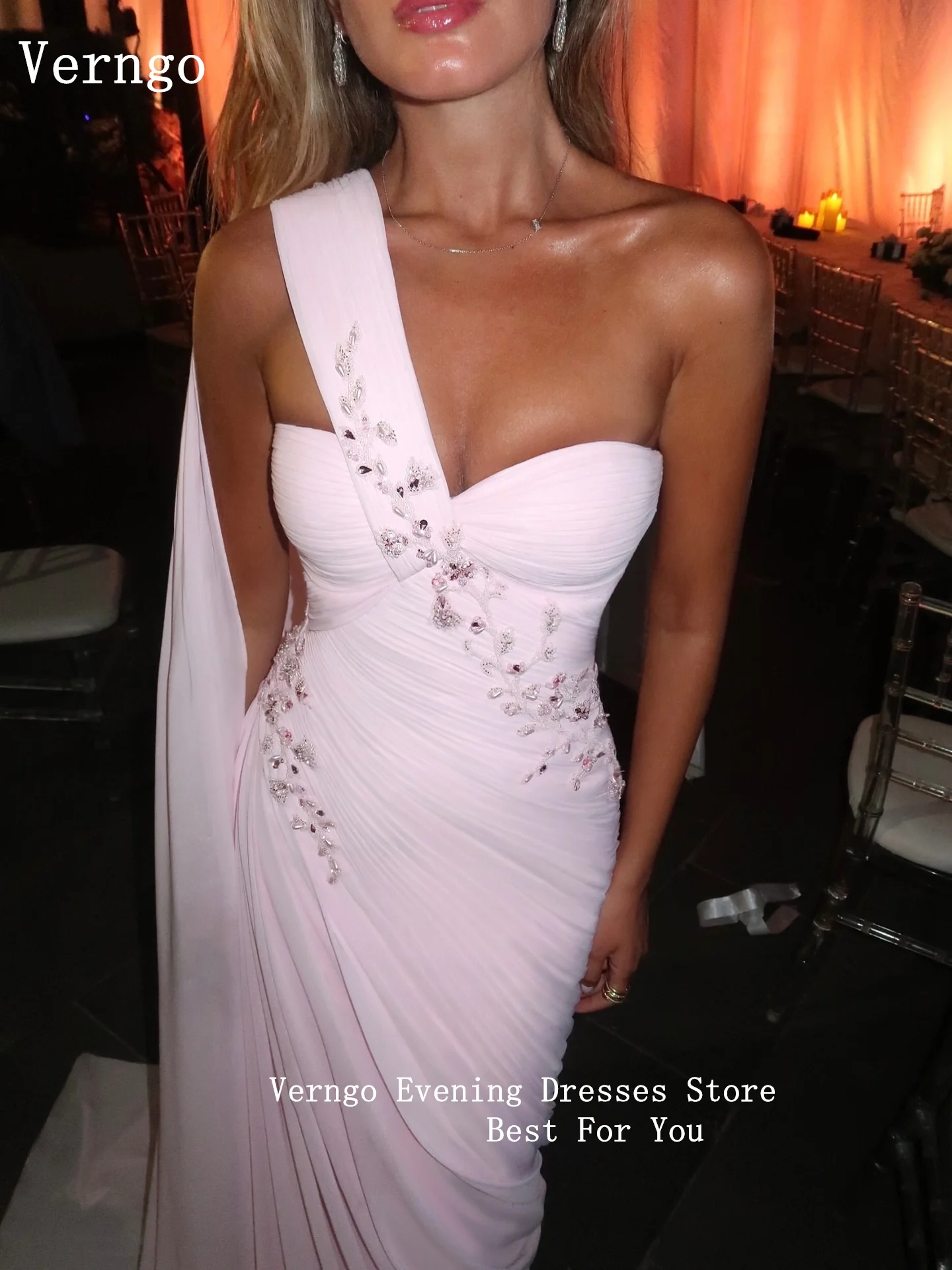 Verngo Pink Shiny Beading Formal Occasion Dresses One Shoulder A Line Prom Gowns Modest Arabic Evening Dress Customized 4