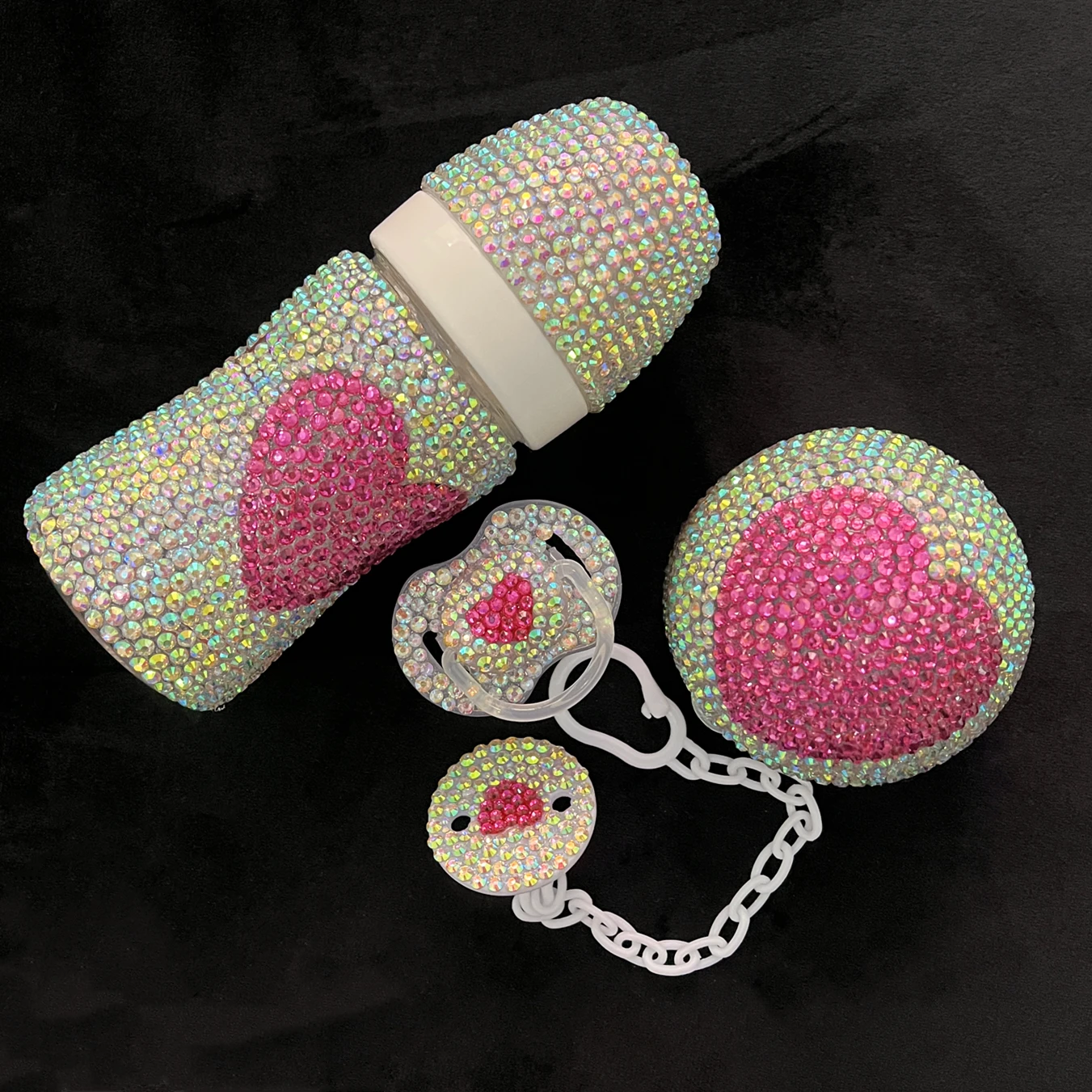 Handmade Crystal Gold Baby Bottle and Pacifier Clips Set 0-6m Infant Girl Newborn Angle Wing Crown Nursery Decoration