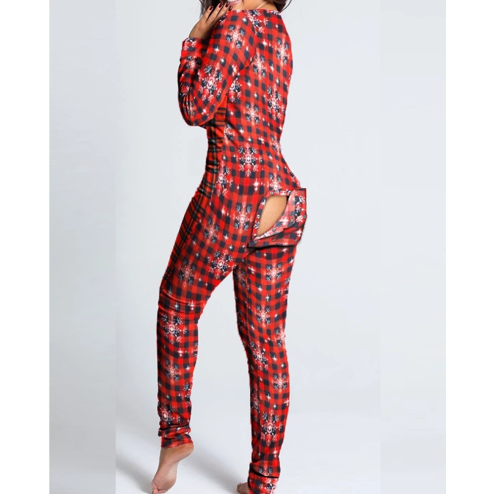 Women Jumpsuit Christmas Onesies Print Outfit Button-down Front Back Butt Bum Open Ass Flap kigurumi pajamas onesies cosplay pajamas onesies women bodysuit sleep wear set women suspender pajamas flannel pajamas onesies