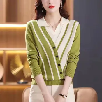 여성용 대비 줄무늬 스웨터, 한국 의류 패션, 용수철 가을, 신상 캐주얼, 다용도 긴 소매, 느슨한 니트 풀오버 탑