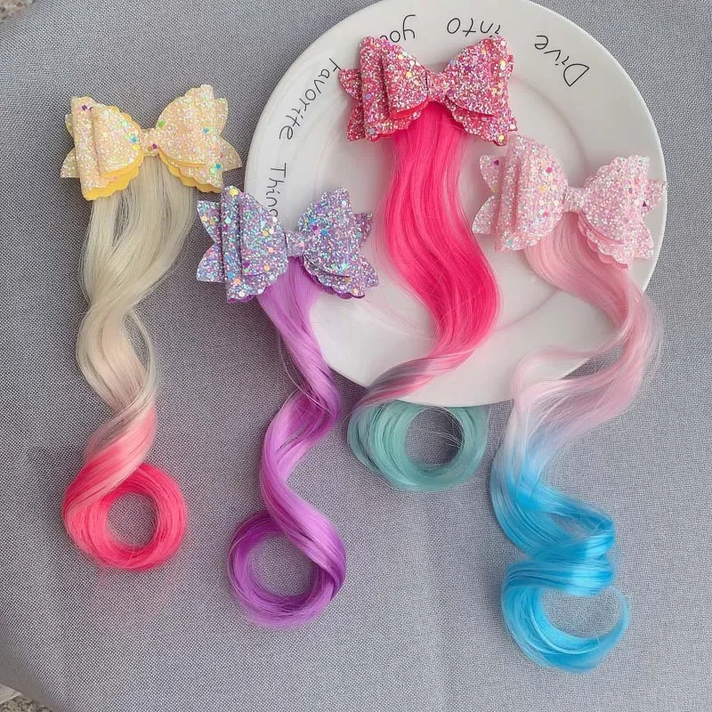 Gradient Color Bow Hair Clip Princess Style Girls Hairbands Girls Colorful Wigs Cartoon Unicorn Ponytail Clip Headwear Kids Gift