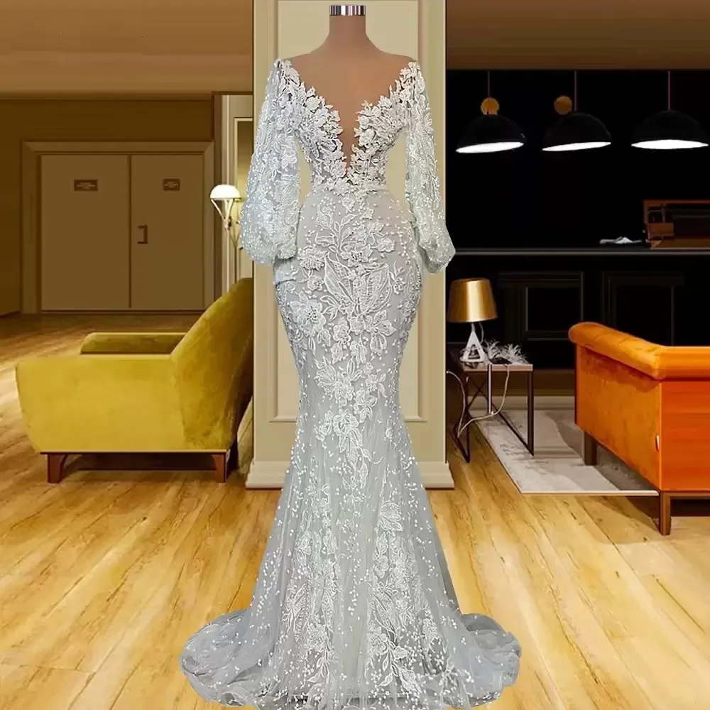 

Ivory Mermaid Wedding Dress Lace Applqiues Long Sleeves Deep V Neck Floor Length Bridal Gowns Vestido De Novia