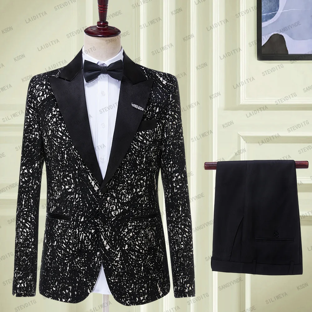 

2023 New Black Floral Wedding Tuxedo for Groom 2 Pieces (Jacket+Pants) Slim Fit Men Suits Custom Male Fashion Costume