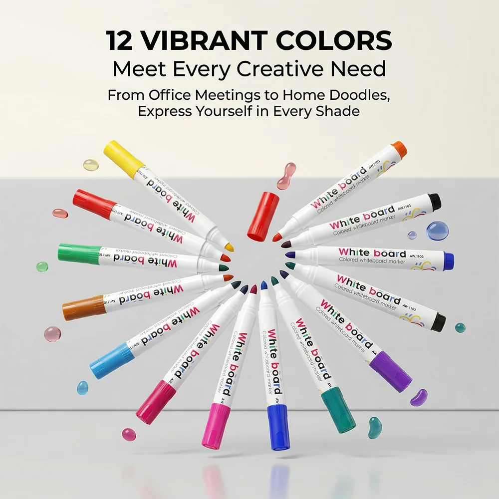 Vibrant Whiteboard Marker Set - 12 Erasable Non-Toxic Colors for Teaching, Meetings, and Creative Projects