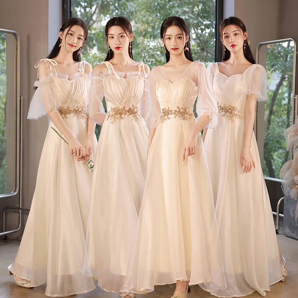 

Champagne Bridesmaid Evening Dress for Women Wedding Party Embroidery Applique Long Slim Dress Sister Group Formal Dresses