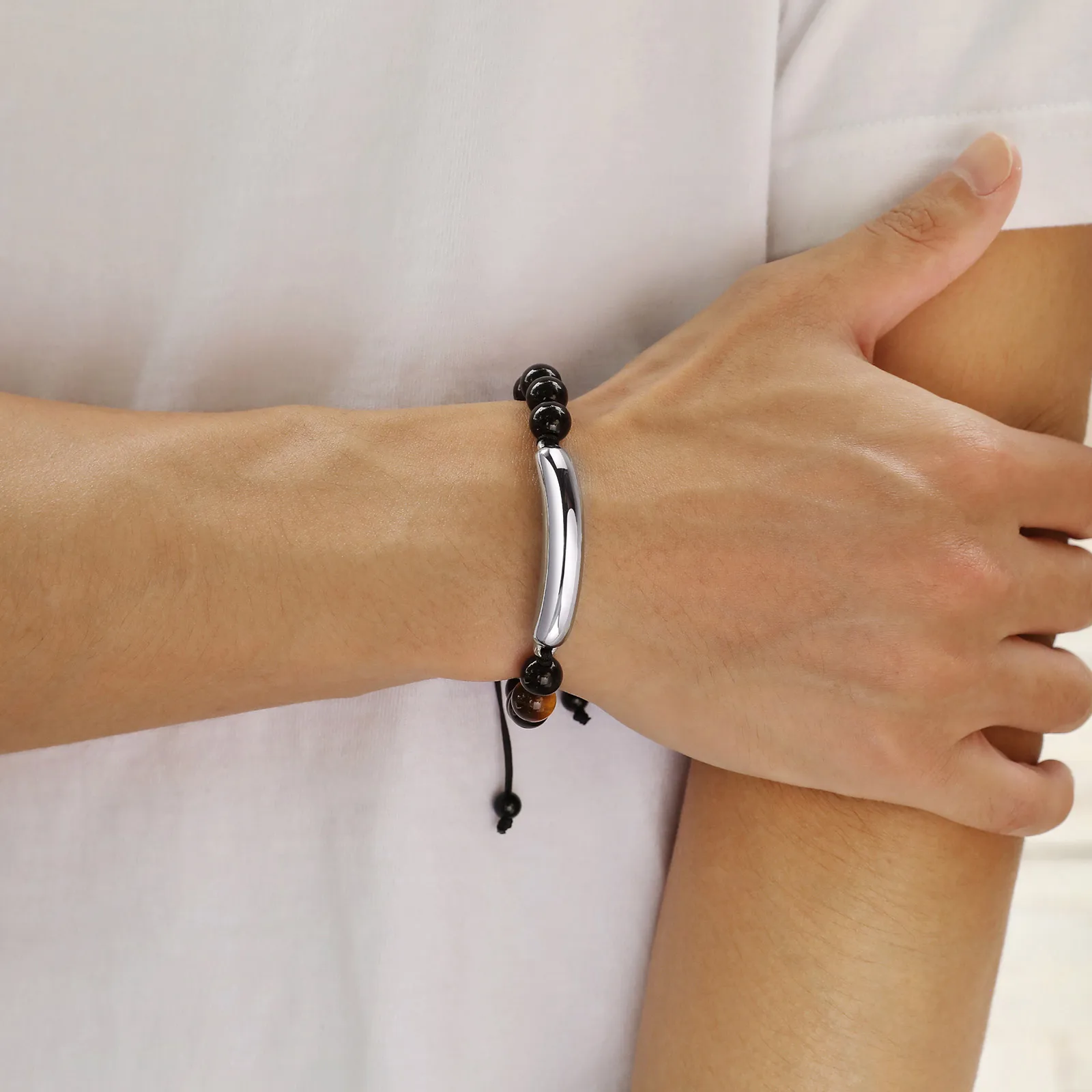 Mprainbow Personalized Charm Bracelets,Tiger Eye Stones Black Beads Bracelets,Free Engraving Glossy Stainless Steel Bangle