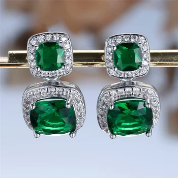 Fashion Red Blue Green Zircon Squarel Stud Earrings Silver Color Vintage Crystal Wedding Jewelry For Women