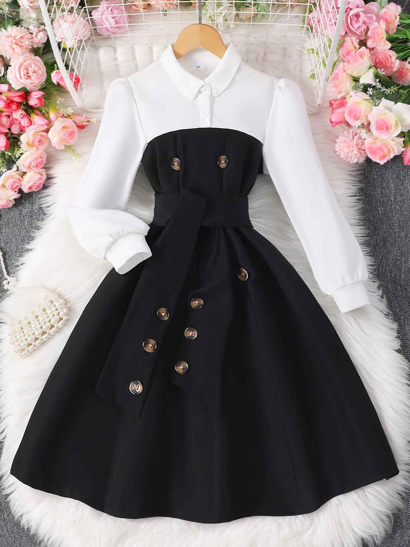 Girls Long-Sleeve Contrast Color Dress 1