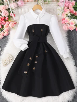 Girls Long-Sleeve Contrast Color Dress 1