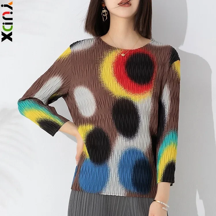 

Miyake Fashion Versatile Women Handmade Pleated Gradient Color Printing Round Neck Pullover Girls T-shirt 2023 Autumn Winter New