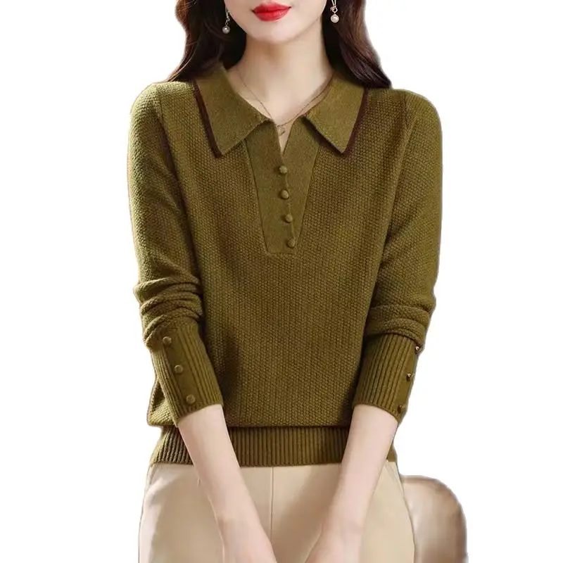 

New Polo Neck Knit Bottom Shirt Spring Autumn Winter Top Fashion Casual Loose Fitting Women's Solid Color Sweater