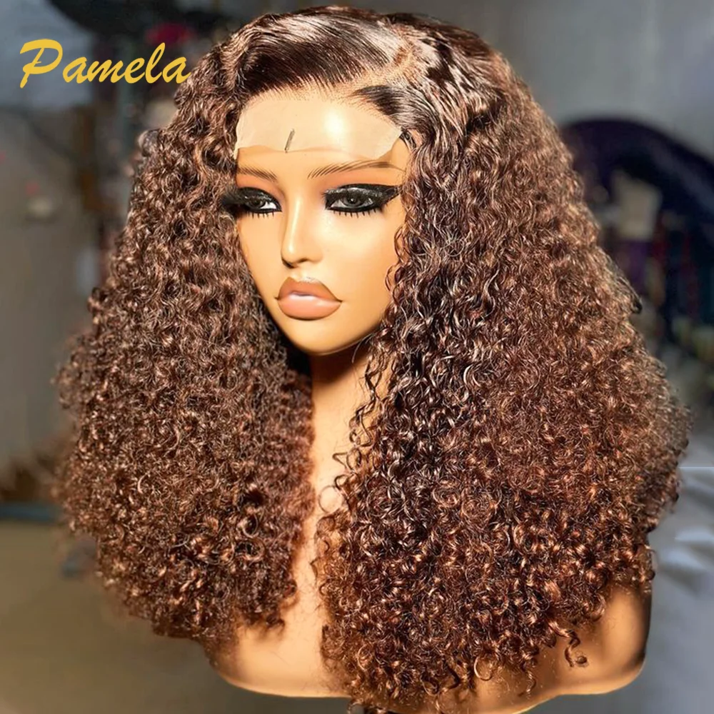 Pelucas rizadas marrones para mujer, cabello humano sin pegamento, 250% de densidad, 13x4, HD, transparente, encaje Frontal