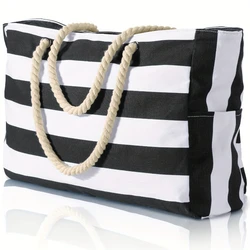 Chic Striped Waterproof Beach Tote with Foldable Design and Ample Storage (Black And White)