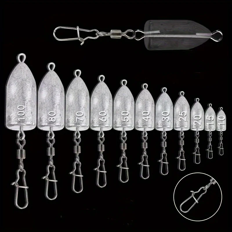 Lot de 5 plombs de pêche avec émerillon snap pour pêche au bar et pêche en mer - 11 tailles disponibles