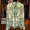 ZAROY Luxury Satin Women's Shirt Green Lotus Print Long Sleeve Lapel Blouse Elegant Vintage Chic Office Wear Camisas Streetwear