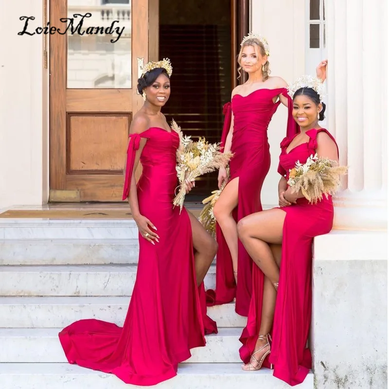

Dark Red Mermaid Nigerian Bridesmaid Dress Formal Side Split Off Shoulder Long Trumpet Wedding Guest Dresses For Women