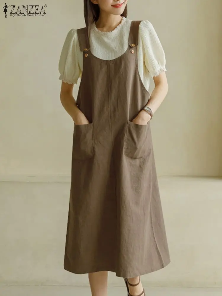 

Женское длинное платье на бретельках ZANZEA без рукавов 2024 летнее повседневное свободное регулируемое платье сарафан с карманами модное однотонное платье миди