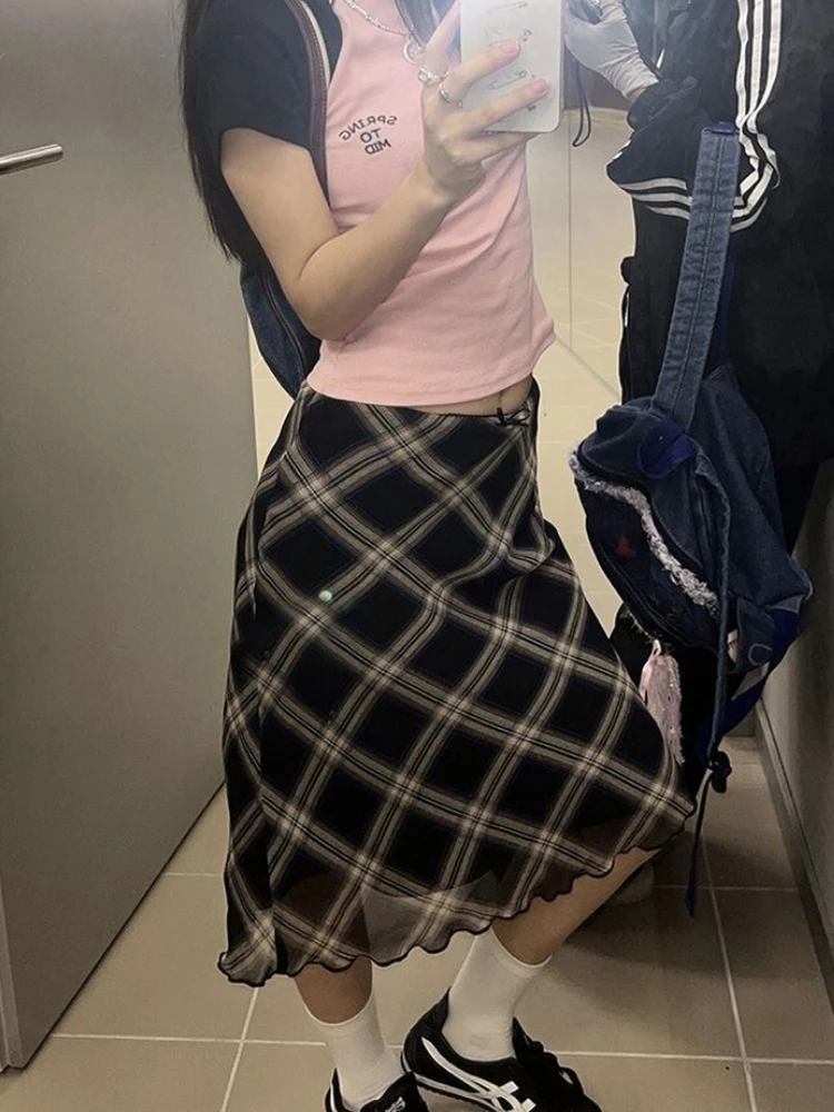 

Юбка Y2k винтажная в клетку, женская летняя повседневная сетчатая юбка с высокой талией в Корейском стиле, модель 90-х годов, уличная одежда