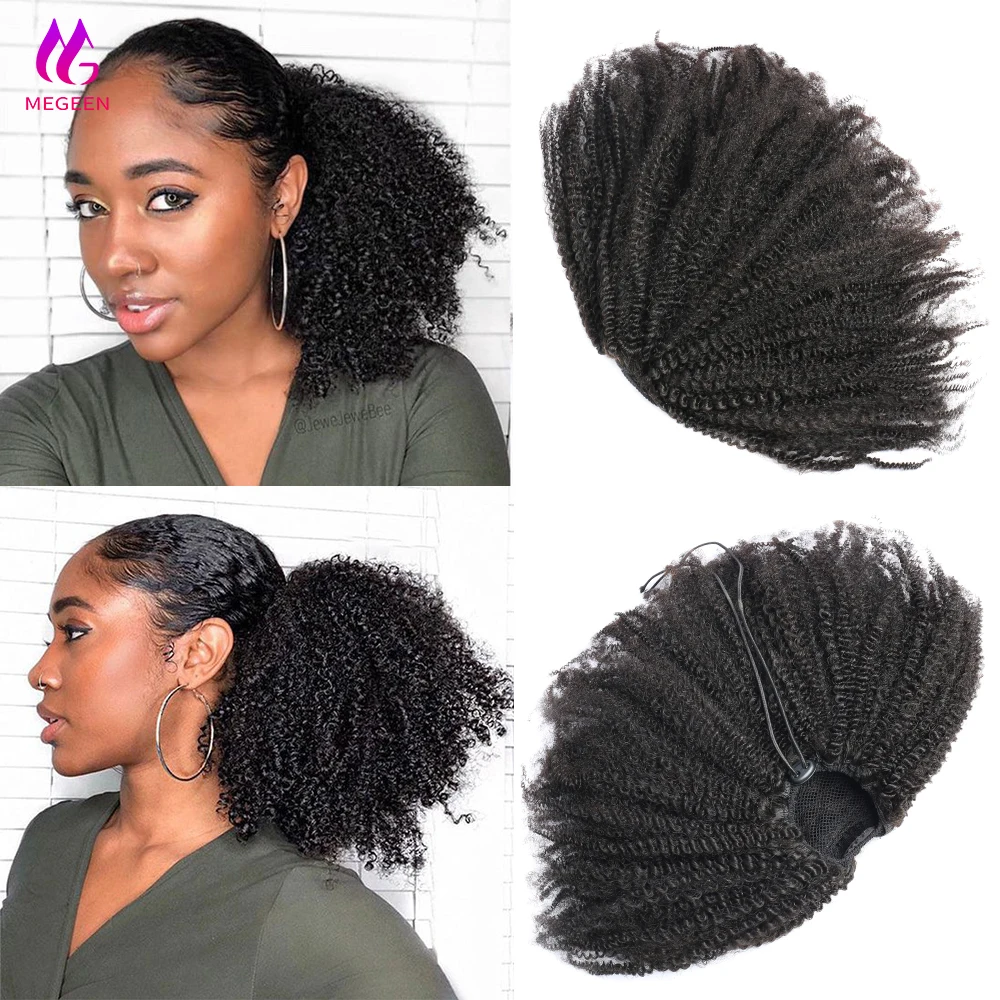 

Megeen Afro Kinky Curly Drawstring Ponytail Human Hair Extensions 3C 4A Wrap Around Ponytails 10-26 Inch Clip In Hair Extensions