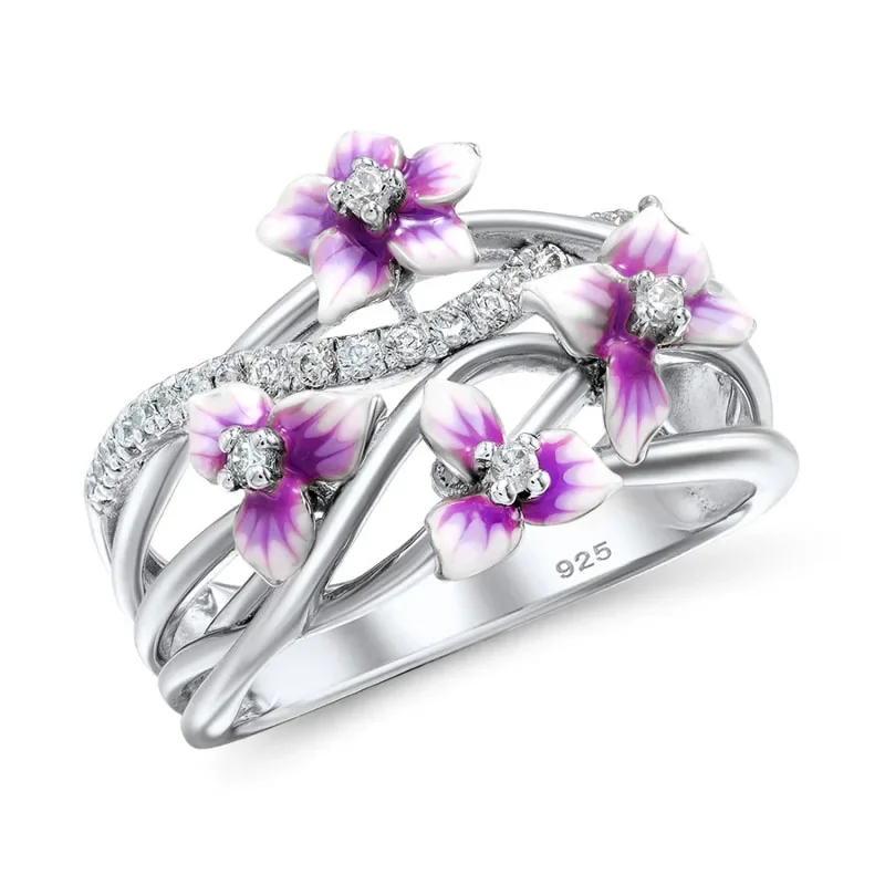 Silver Rings 925 Sterling Stackable Violet Drop Glue Ring Daisies Flower Zircon for Women Jewelry Gift