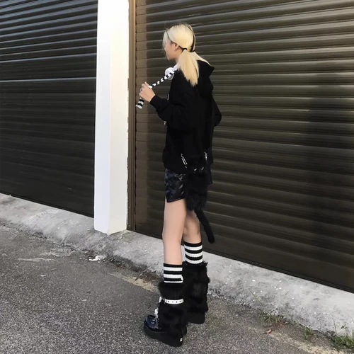 모피 레그 워머 세트 Y2K 고스 핑크 인조 모피 크로스 레그 워머 부츠 커버 레이디, 귀여운 Jk 무릎 길이 힙 스터 따뜻한 스타 양말 4