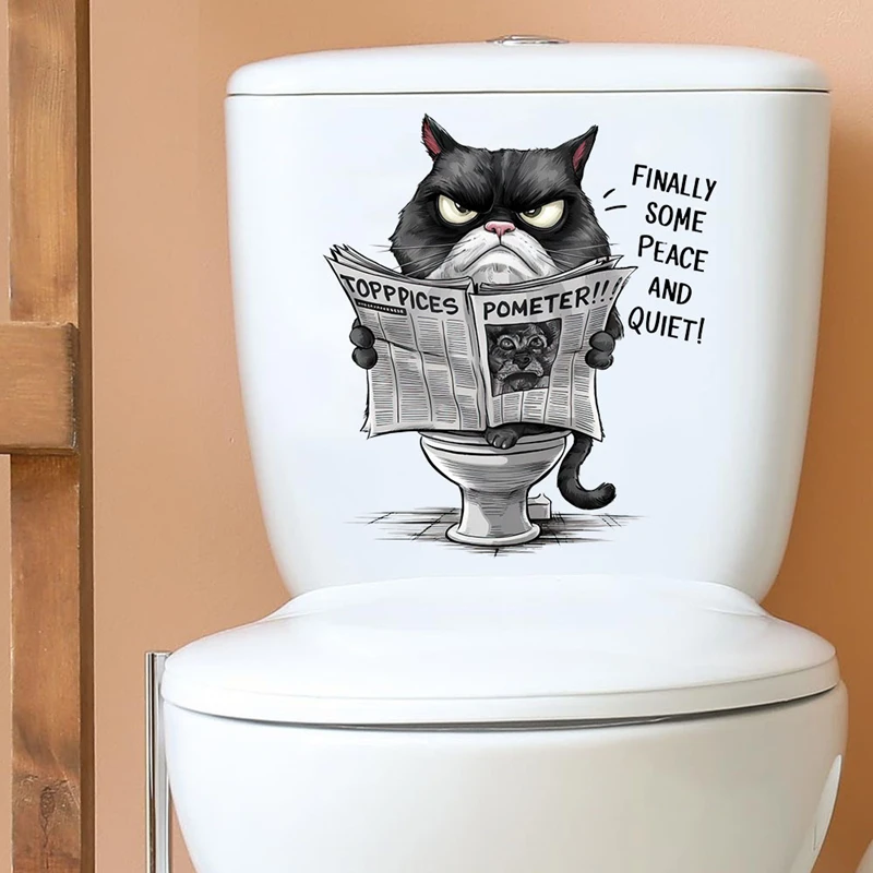 So Funny Black Cat Reads Newspaper Toilet Stickers Cartoon Kitty 3D Vinyl Wall Decals for Home Decorations Aesthetic Bathroom WC