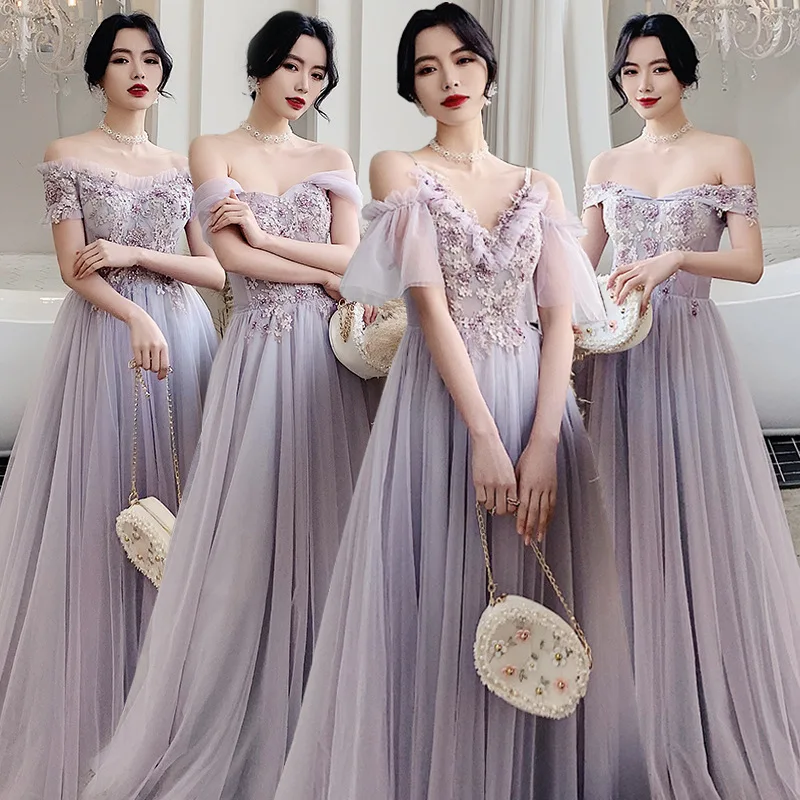 

Purple Bridesmaid Dress Sexy Off Shoulder V-neck Tulle A-line Floor-length Sisters Group Gown Elegant Banquet Evening Dresses