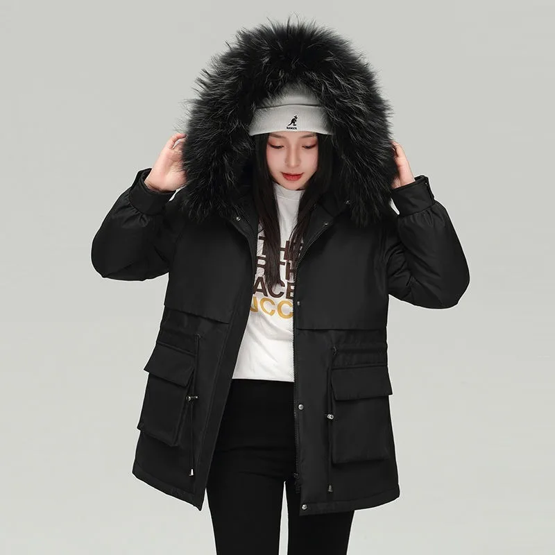 2023 New Women Down Jacket Winter Coat Female Mid Length Version Parkas Thick Warm Outwear Hooded Artificial Fur Collar Overcoat