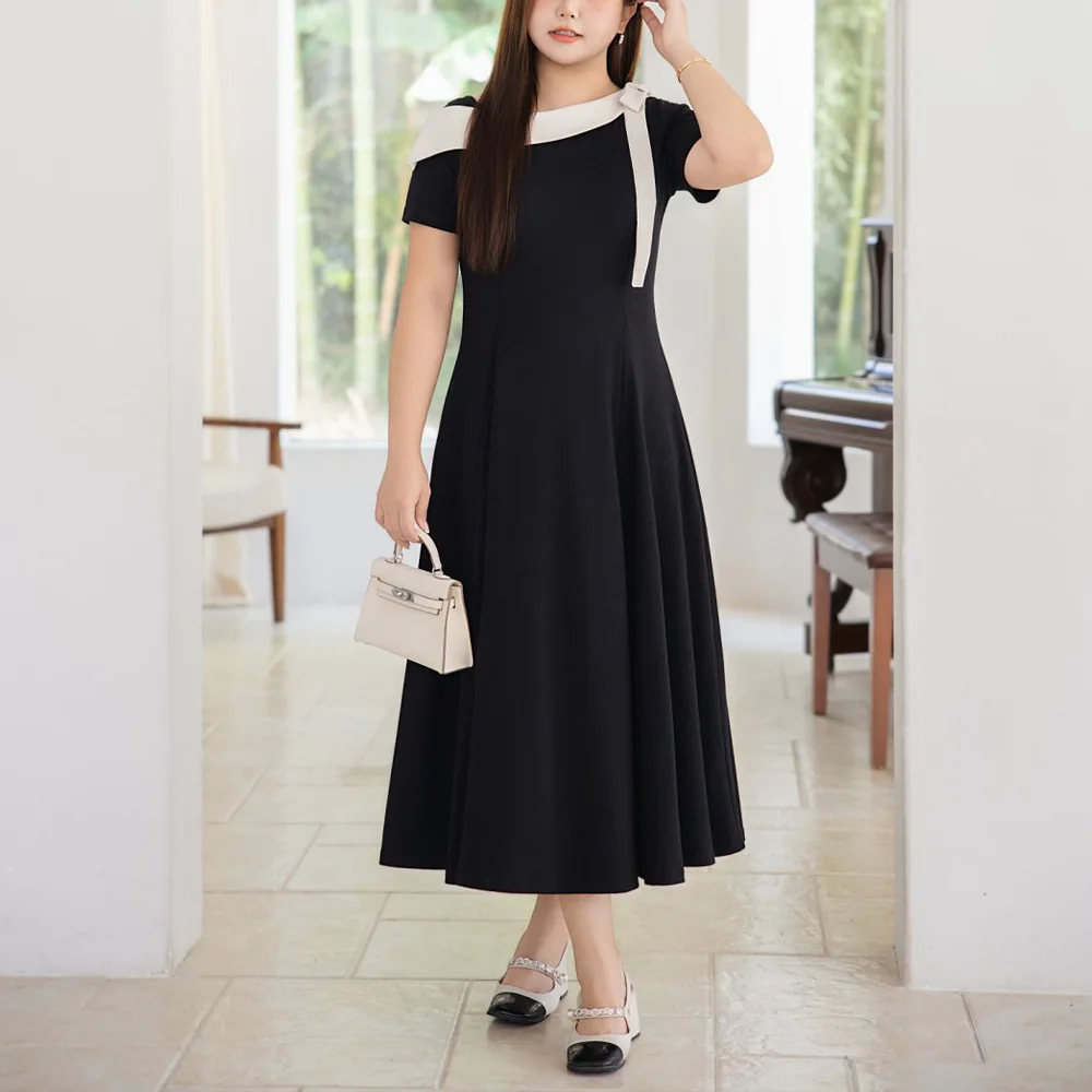 Skew Collar Bow Slim Waist Contrasting Color Dress Plus Size Women Premium Office Work Long Black Dresses 9266