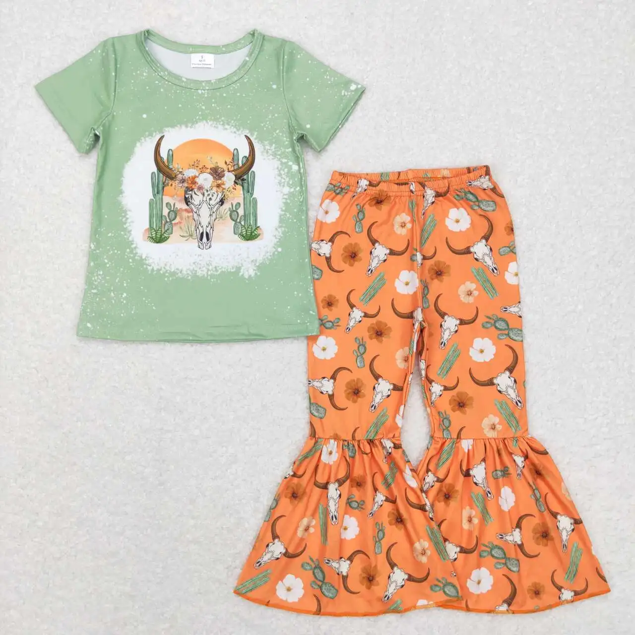 

Оптовая продажа, Западный бутик, горячая Распродажа, одежда для маленьких девочек, Альпийский Цветок кактуса, оранжевый зеленый брючный костюм с коротким рукавом
