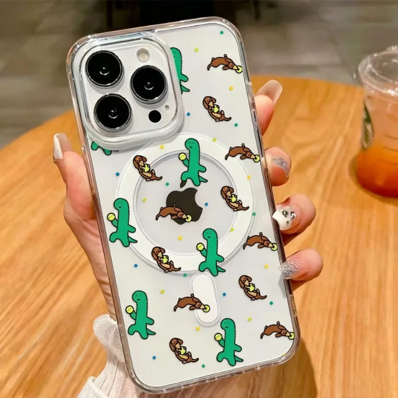 Playful Dinosaur and Sausage Dog MagSafe Magnetic Phone Case - Cute Cartoon Design Cover