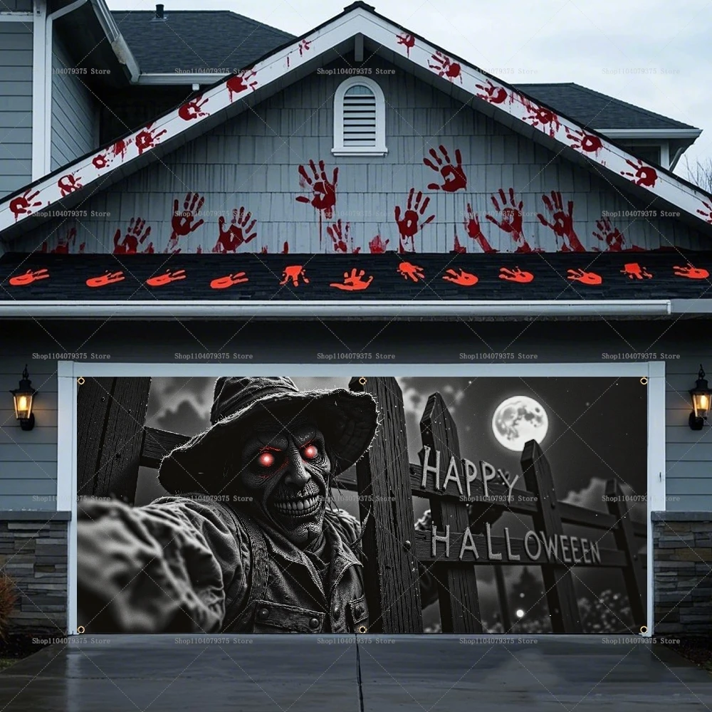 Halloween photography backdrop with skulls, candles, tombstones, bats, and pumpkin heads in a spooky garage setting 02