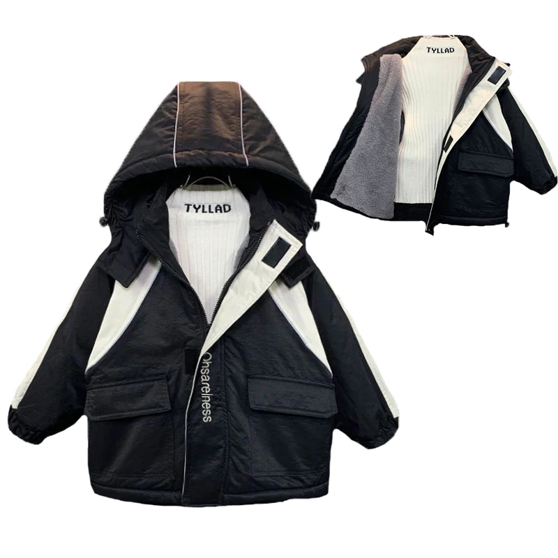 

2023 Boys jacket Winter Splicing Style Lining Plus Velvet Thicken Keep Warm Hooded Windbreaker Coat For 3-8 Years Old Kids